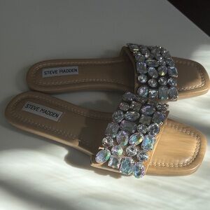 Steve Madden Tan Slide Sandals with Iridescent Jewel Strap